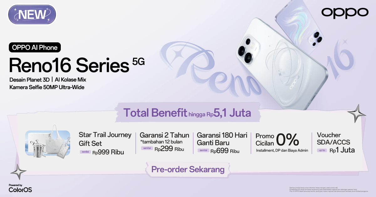 Pre-Order OPPO Reno16 Series 5G di Erablue, Benefit hingga Rp5,1 Juta*!