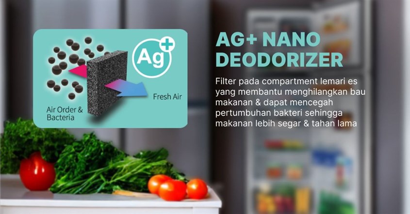 Penjelasan fitur Ag+ nano deodorizer pada kulkas Sharp, tujuannya untuk menyerap bau tak sedap. Penjelasan fitur Ag+ nano deodorizer pada kulkas Sharp, tujuannya untuk menyerap bau tak sedap.