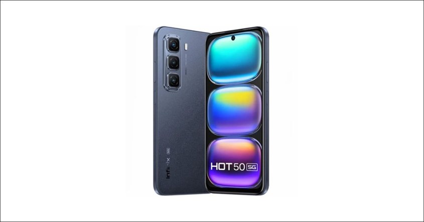 Tampilan depan dan belakang desain spesifikasi Infinix Hot 50 yang menunjukkan kamera dan layar Tampilan depan dan belakang desain spesifikasi Infinix Hot 50 yang menunjukkan kamera dan layar
