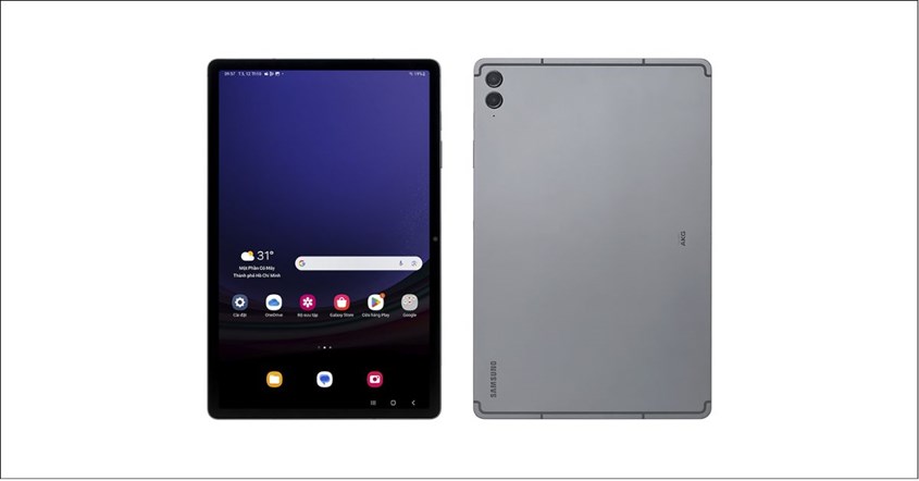 Gambar tablet Samsung terbaru bagian layar dan bagian belakang berwarna abu-abu. Gambar tablet Samsung terbaru bagian layar dan bagian belakang berwarna abu-abu.