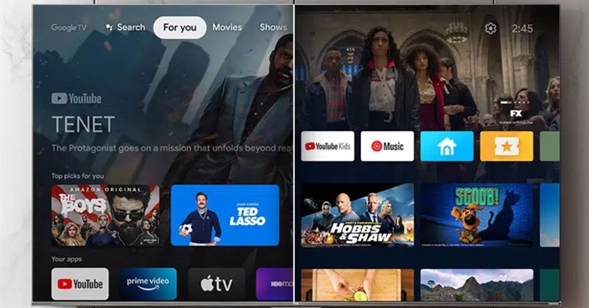 Perbandingan layar utama Google TV dan Android TV. Perbandingan layar utama Google TV dan Android TV.