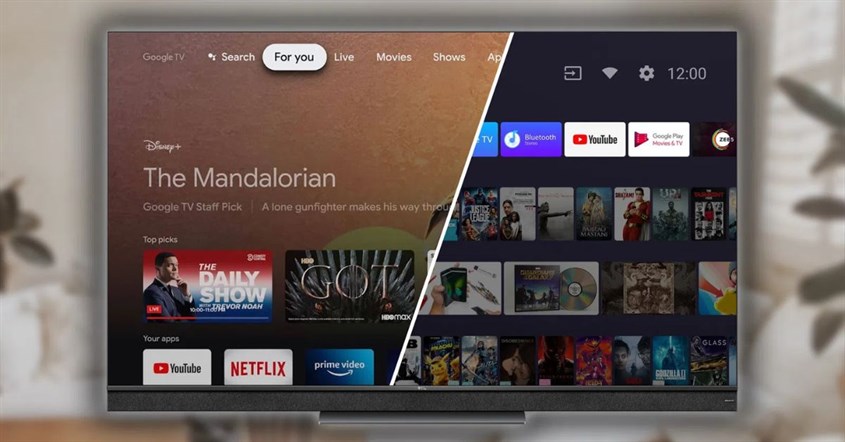 Perbandingan layar utama Google TV dan Android TV. Perbandingan layar utama Google TV dan Android TV.