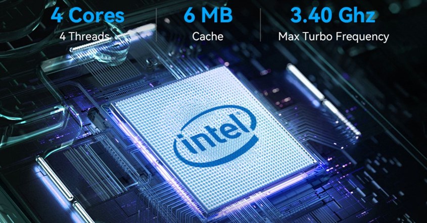 Ilustrasi prosesor Intel N100 dengan spesifikasi singkatnya.
