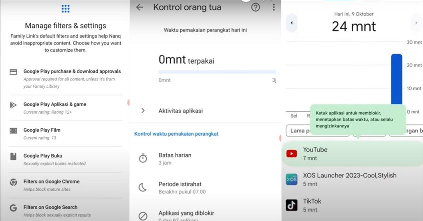 Menyetel batasan konsumsi konten dan waktu menggunakan gadget di HP anak. Menyetel batasan konsumsi konten dan waktu menggunakan gadget di HP anak.