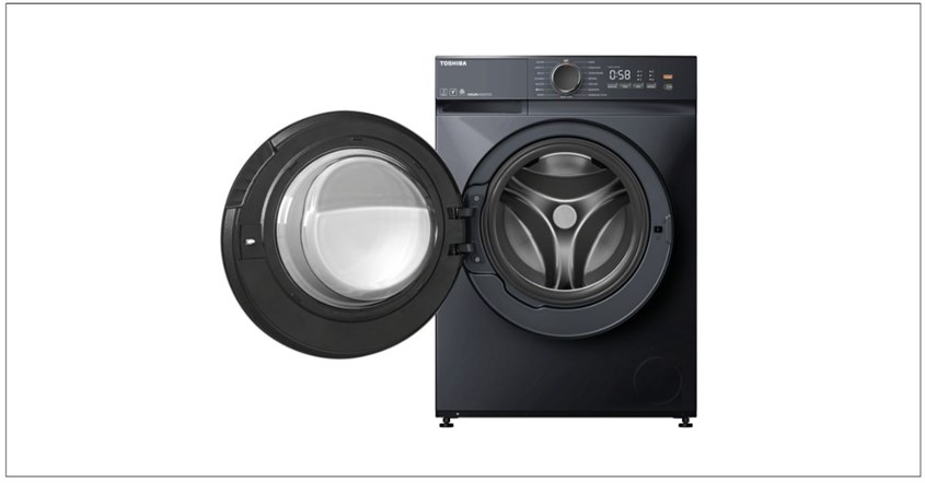 Mesin cuci Toshiba front loading dalam keadaan terbuka.