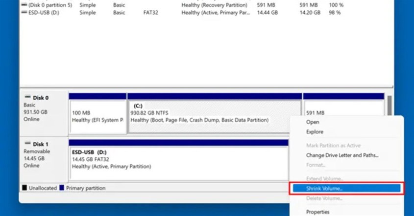 Tampilan shrink volume pada cara partisi hardisk windows 11 Tampilan shrink volume pada cara partisi hardisk windows 11