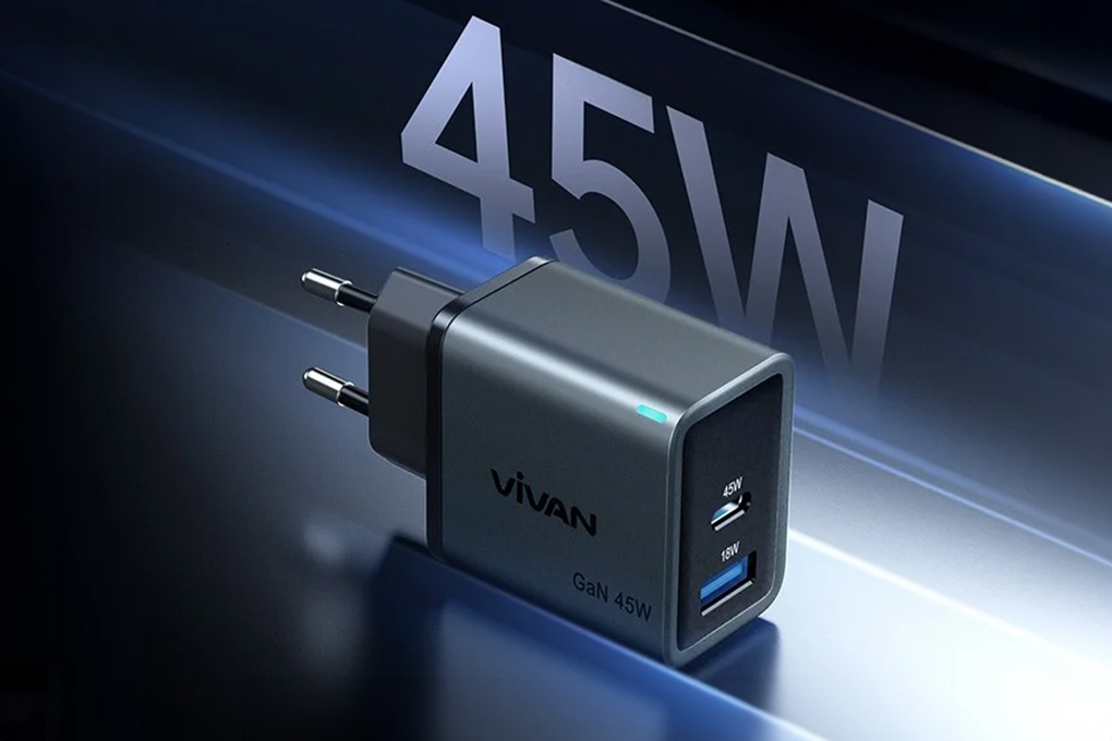 Adaptor Dual Port USB A - Type C 45W Vivan GaN08