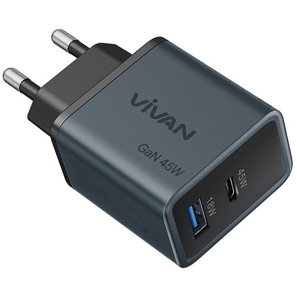 Adaptor Dual Port USB A - Type C 45W Vivan GaN08